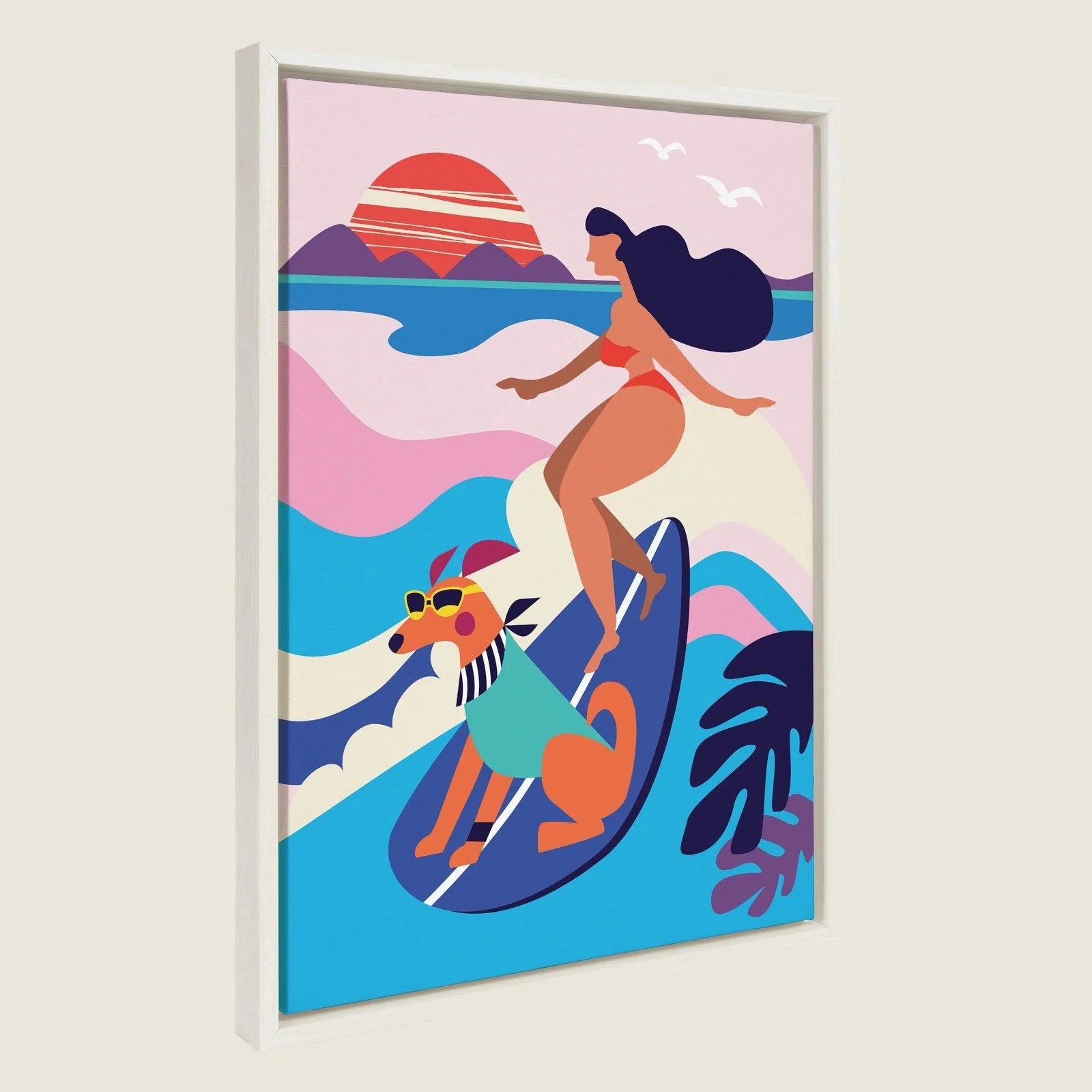 Playful mid-century modern surf dog and woman in bikini riding waves, framed in a white polystyrene frame.