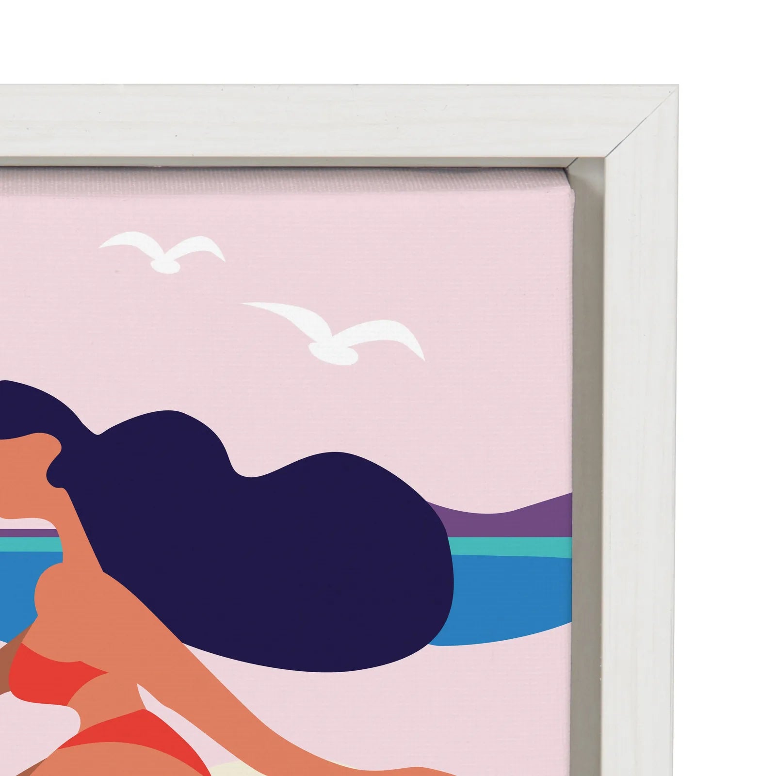 Colorful mid-century modern surf dog art in a white frame, featuring a dog by the beach with playful waves and birds.