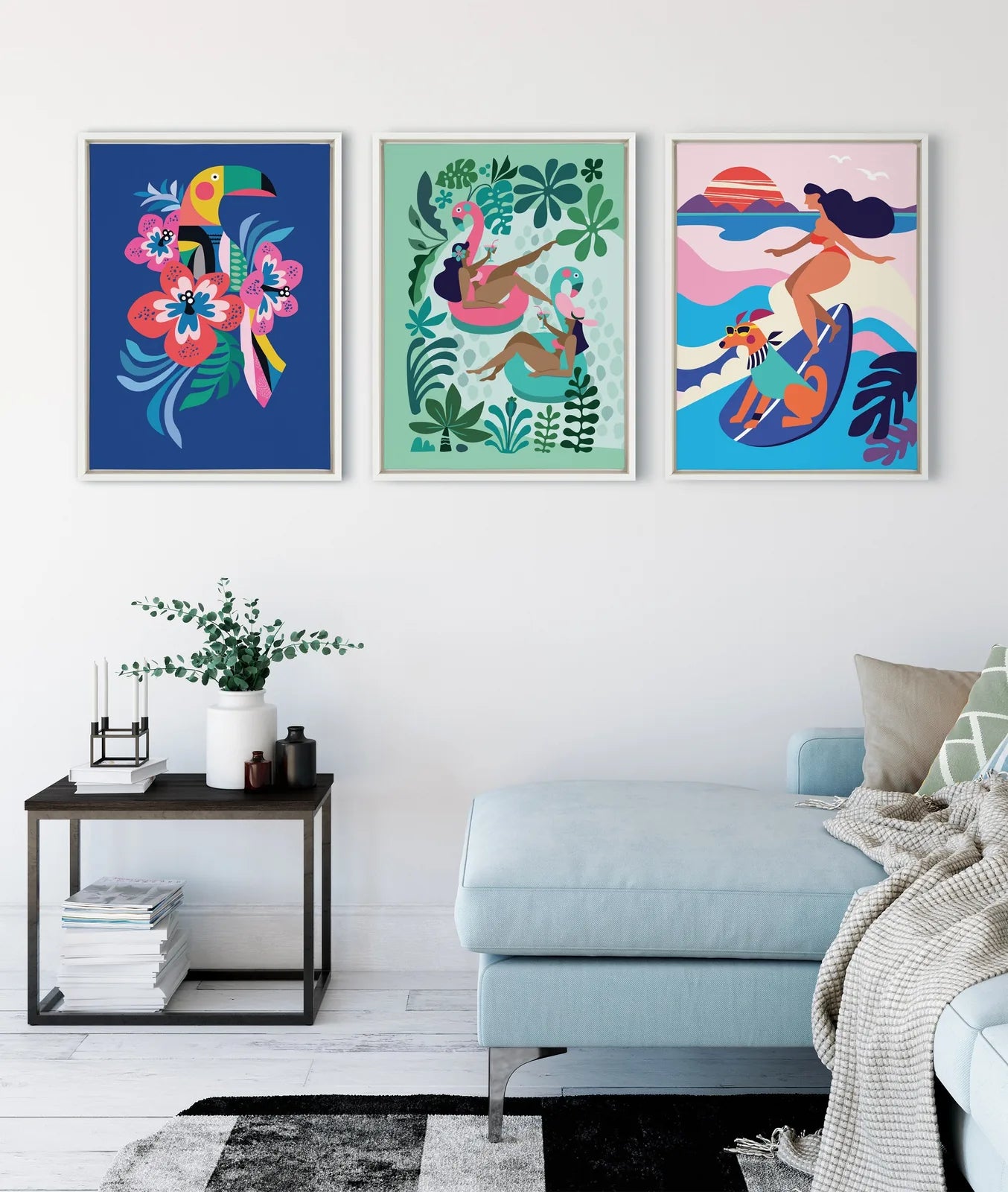 Playful mid century modern surf dog canvas art by Rachel Lee in a white frame, adding whimsy to any space.