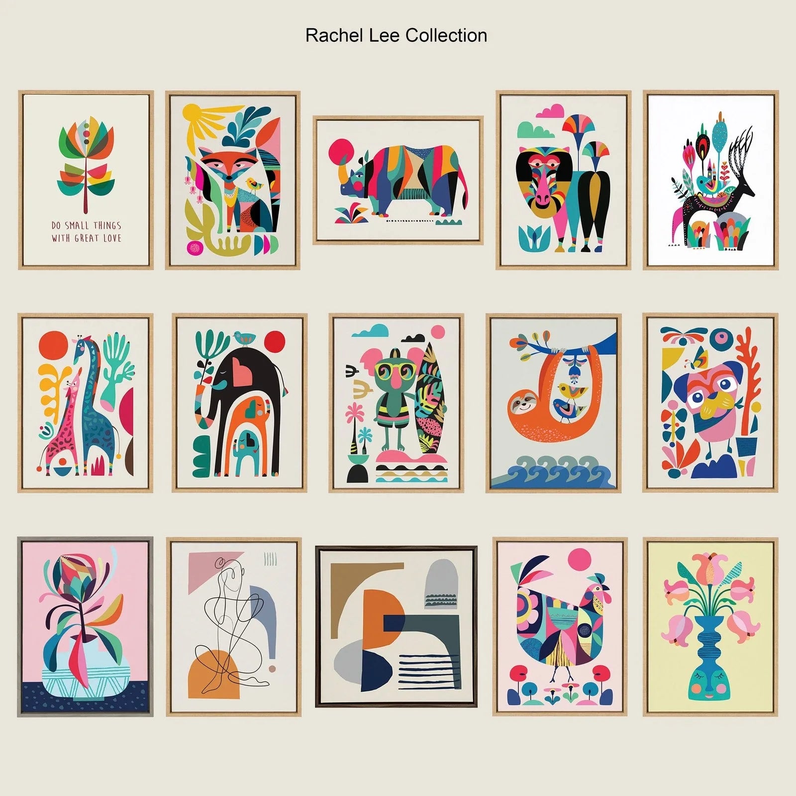 Colorful collection of framed canvas art by Rachel Lee, showcasing whimsical animal designs in mid-century modern style.