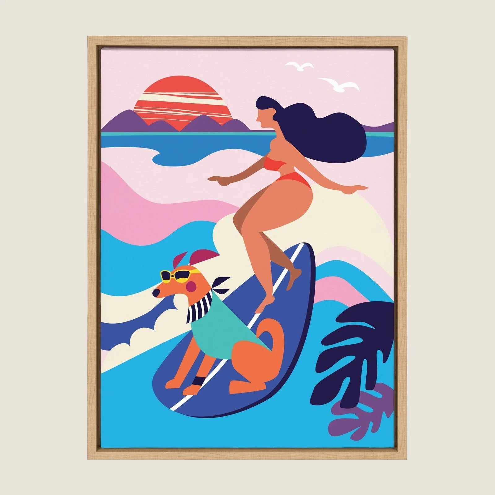 Playful mid-century modern surf dog and woman on a surfboard against a vibrant coastal sunset, framed in natural wood.