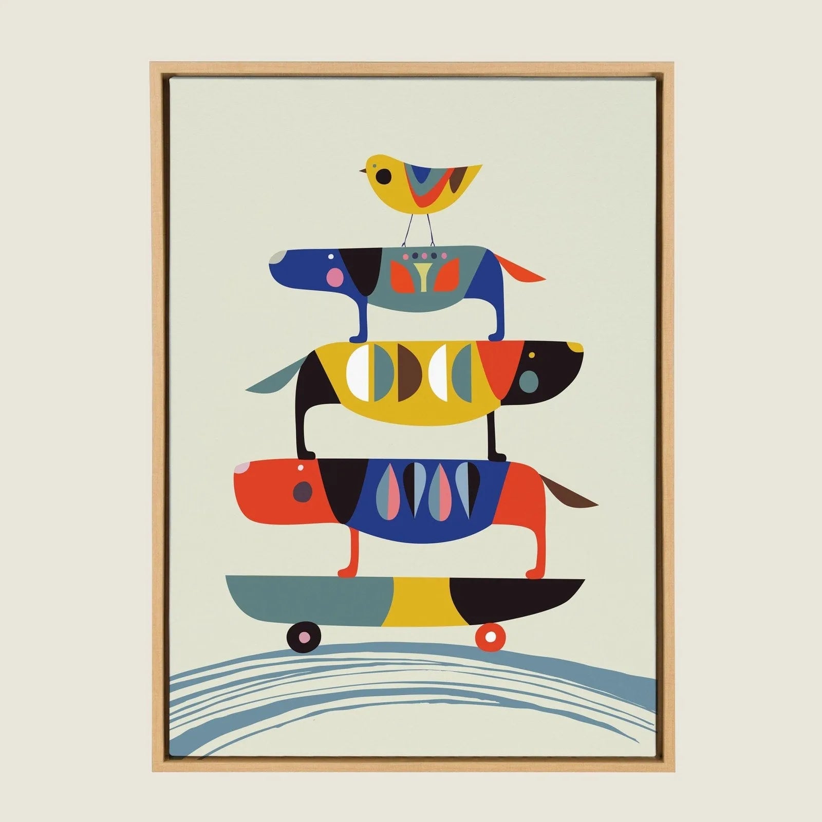 Framed canvas art featuring colorful stacked dogs on a skateboard, topped with a small bird against a light background.