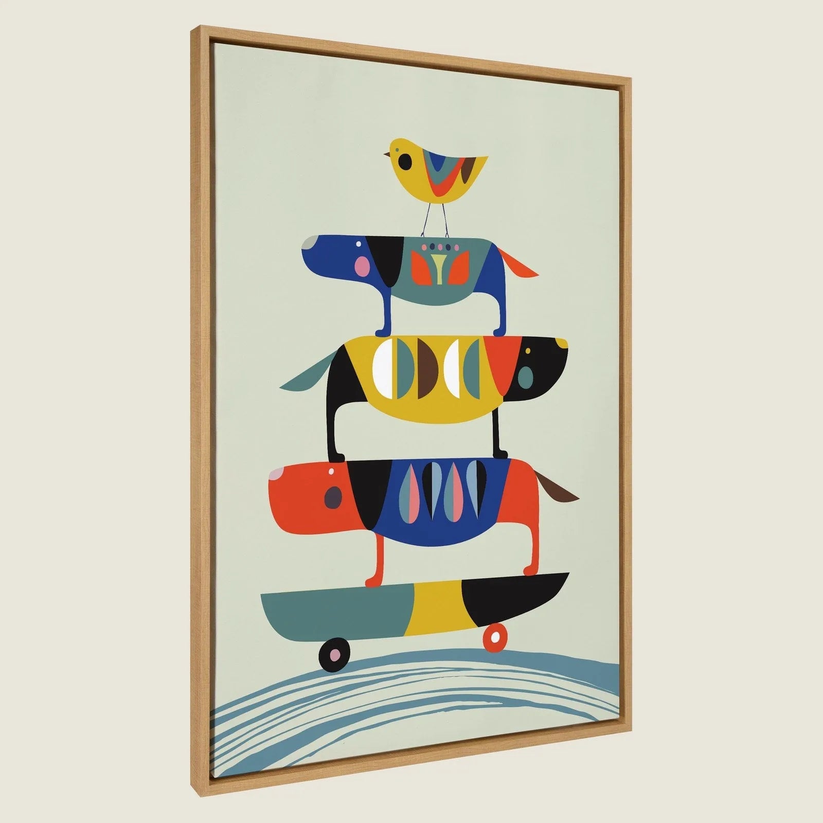 Framed canvas art featuring colorful skateboarding dogs stacked with a bird on top, set in a natural wood frame.
