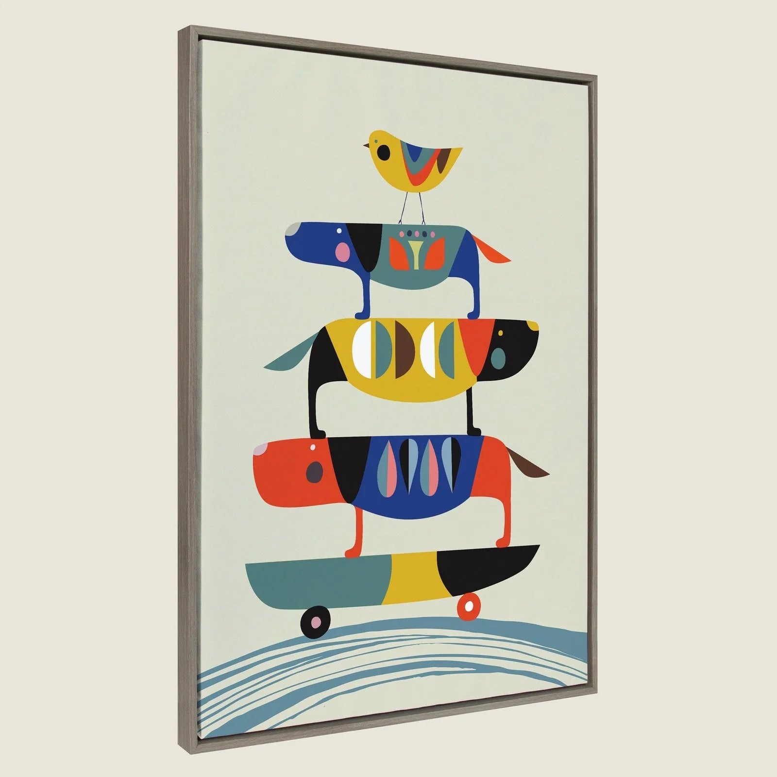 Colorful framed canvas art featuring playful dogs on skateboards, designed by Rachel Lee, in a modern style.