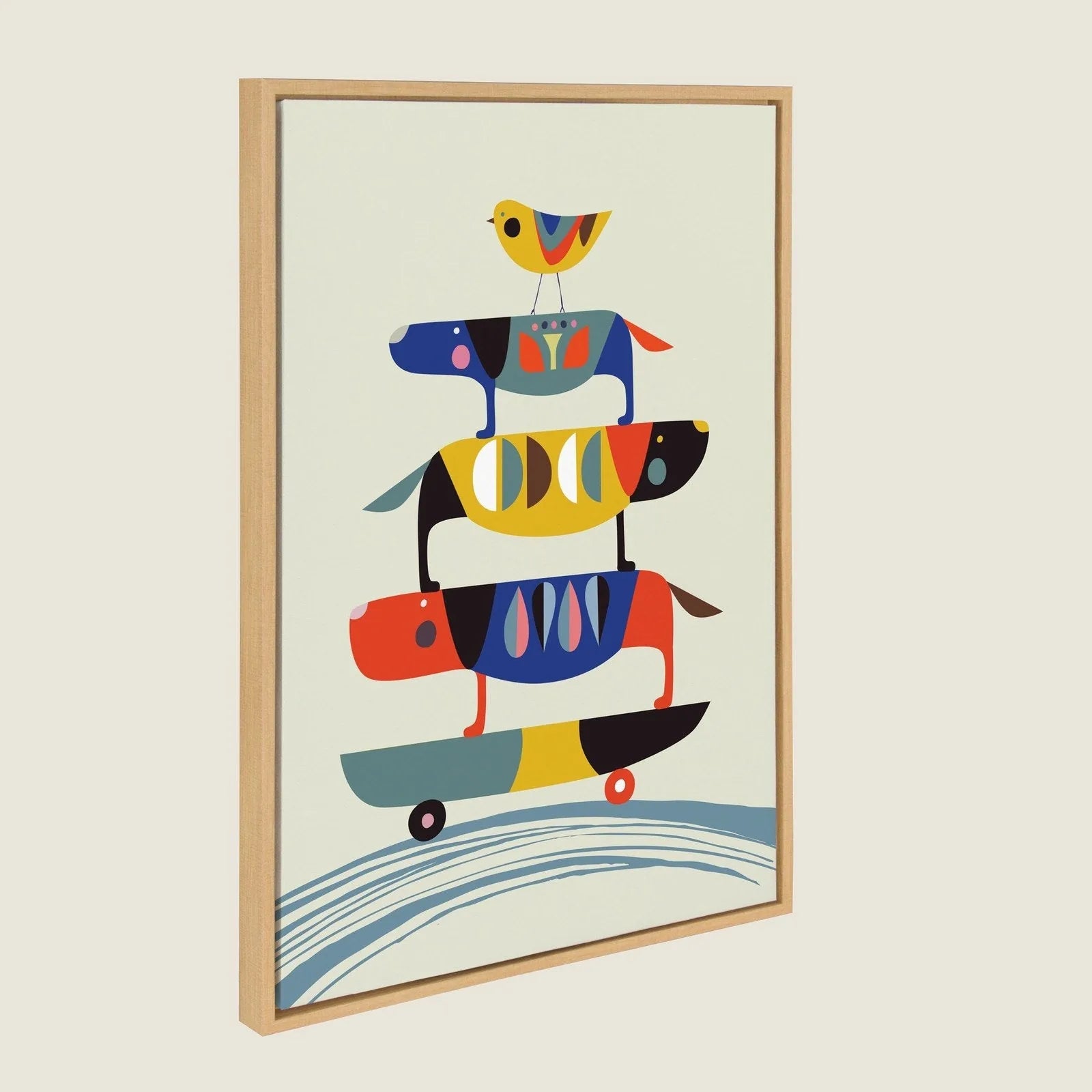 Framed canvas featuring colorful cartoon dogs stacked on skateboards, surrounded by playful patterns and a sunny bird.