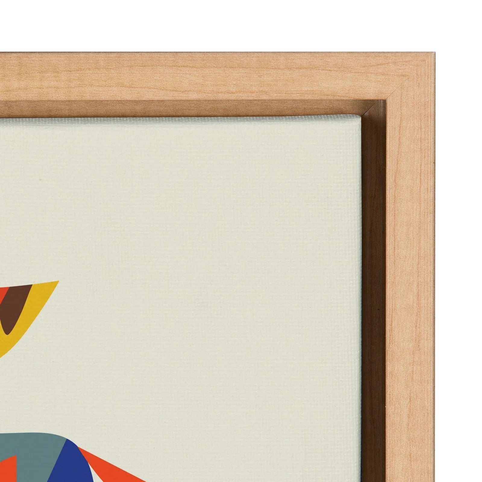 Framed canvas art featuring a playful dog design with vibrant colors, surrounded by a light natural wood frame.