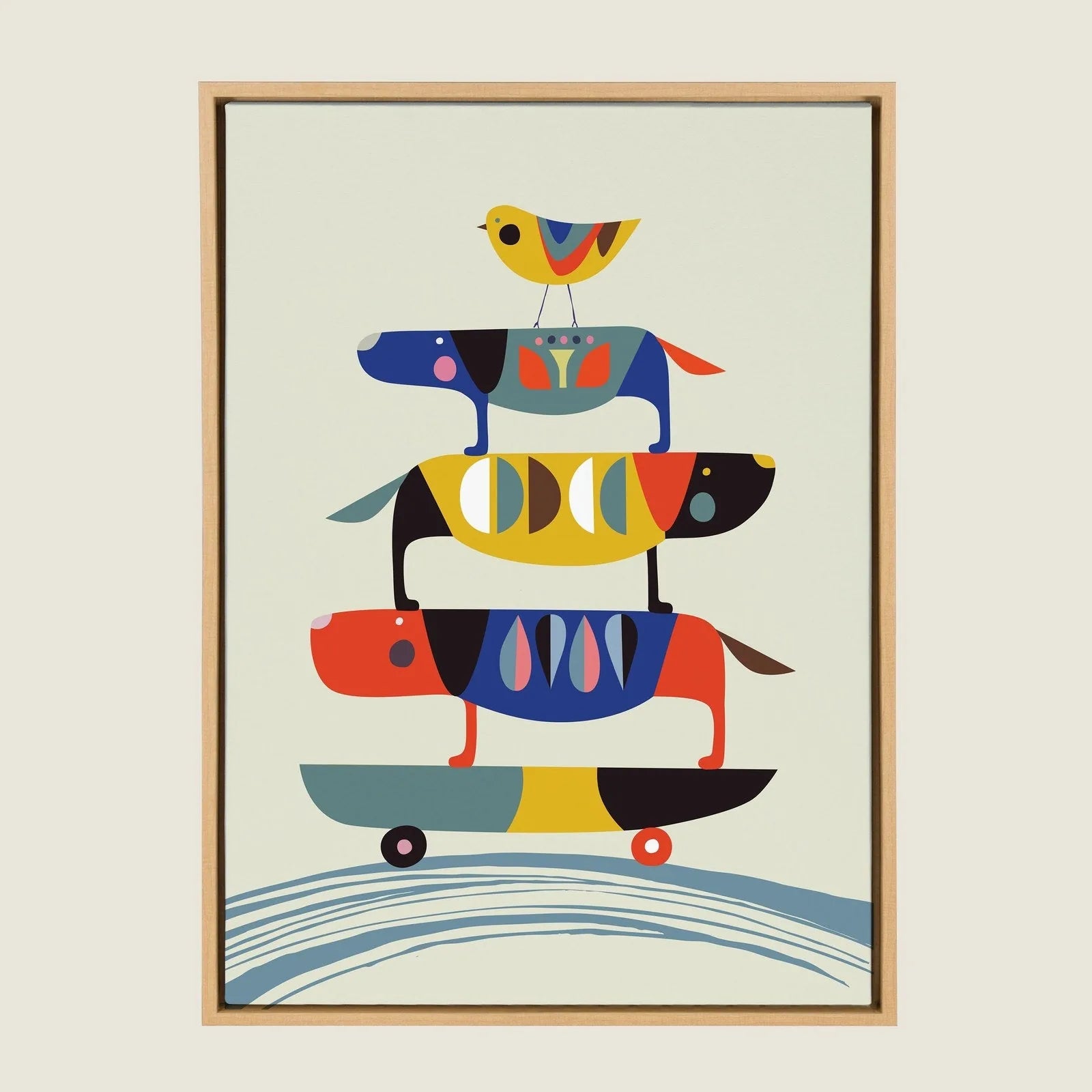 Colorful, playful dogs stacked on a skateboard, framed in light wood, showcasing vibrant patterns and whimsical design.