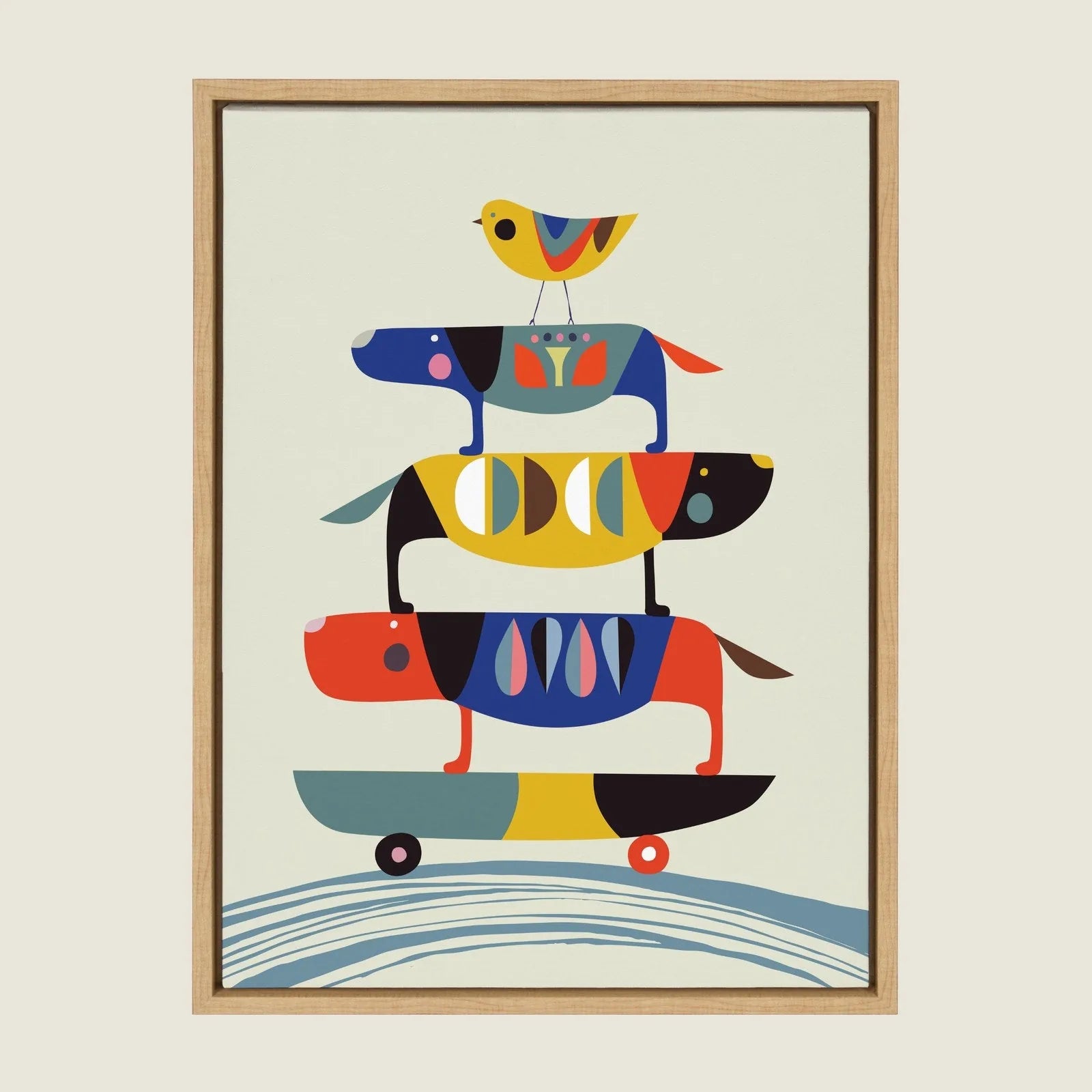 Colorful framed canvas artwork featuring playful dogs stacked on a skateboard, with a bird perched above.