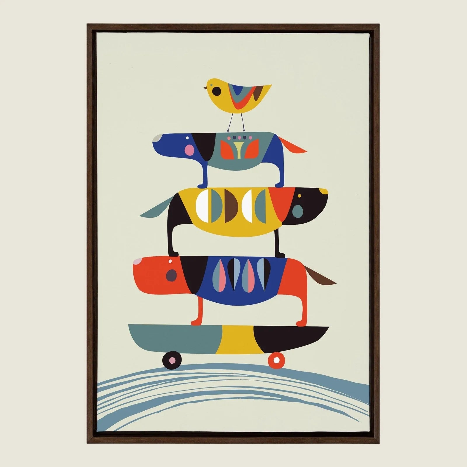 Framed canvas art featuring colorful dogs skateboarding stacked on one another, with a bird atop; vibrant and whimsical de...