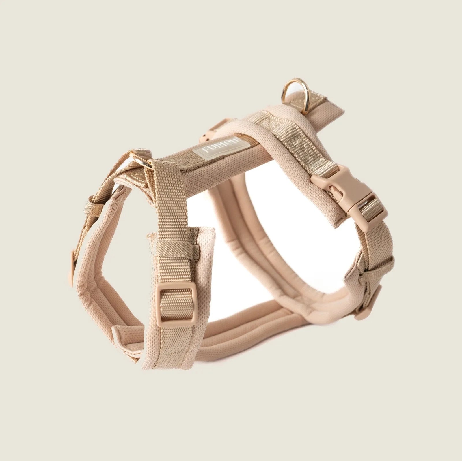 Tan Comfort Dog Harness by FURLOU featuring breathable padding and adjustable straps for a secure fit.