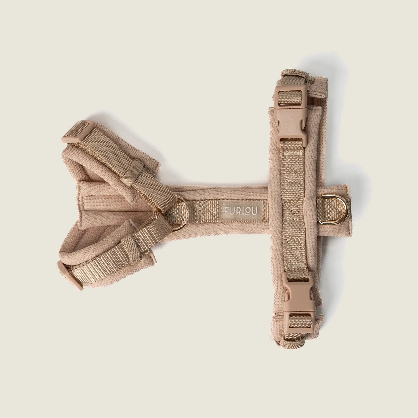 Tan comfort dog harness with padded straps and adjustable points, featuring a Y-shape design by FURLOU.