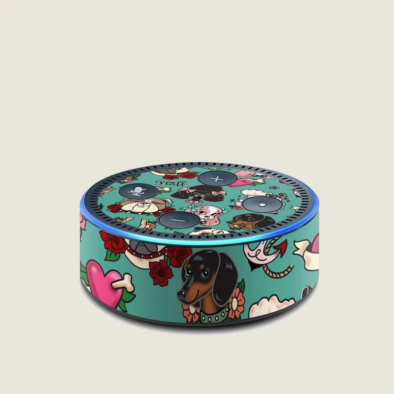 Tattoo Dogs skin for Amazon Echo Dot features colorful dog and heart designs on a teal background.