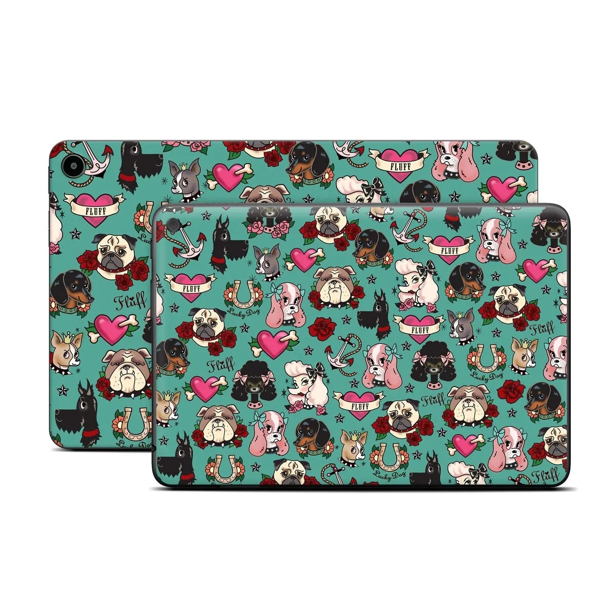 Colorful dog-themed design featuring various breeds, hearts, and roses on a teal background for Amazon Fire tablet skins.