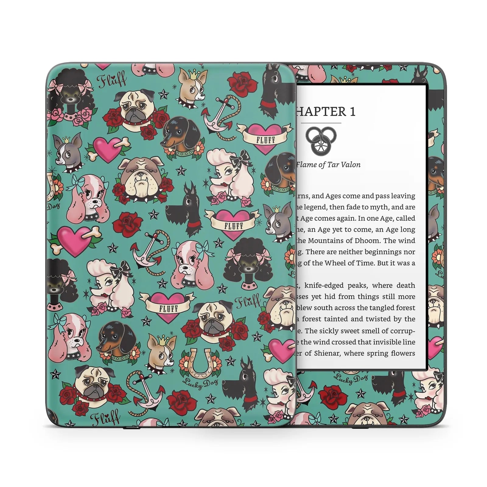 Colorful Kindle skin featuring playful tattoo-style dog designs on a teal background, protecting your device with style.