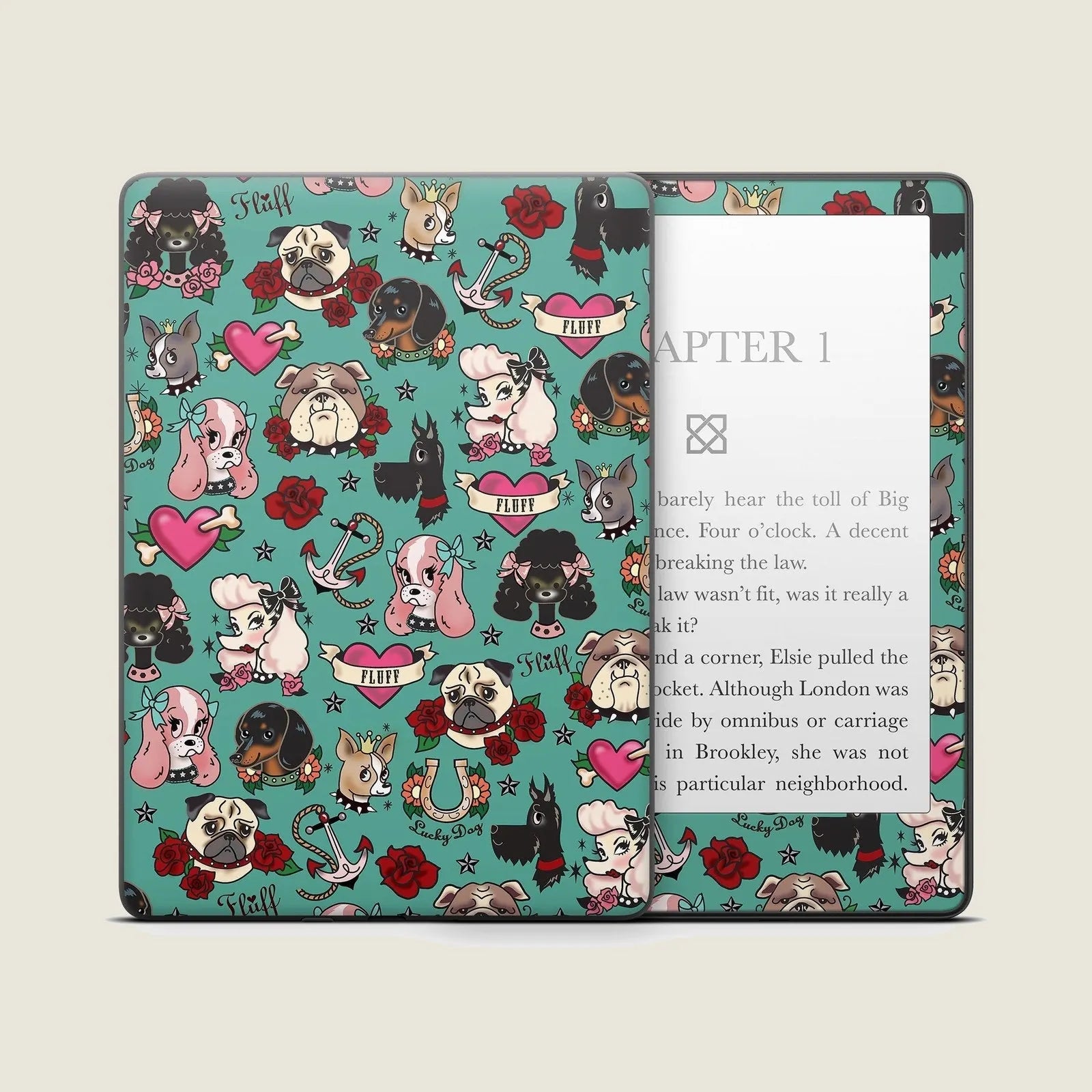 Colorful Kindle skin featuring cute tattoo-style dogs, roses, and anchors on a teal background.