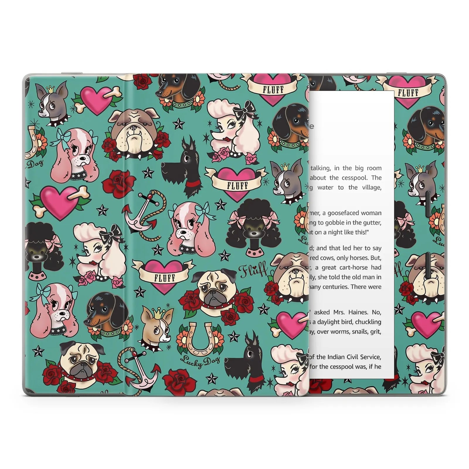 Colorful tattoo-style design featuring various dog breeds, hearts, and roses on a teal Kindle skin from DecalGirl.