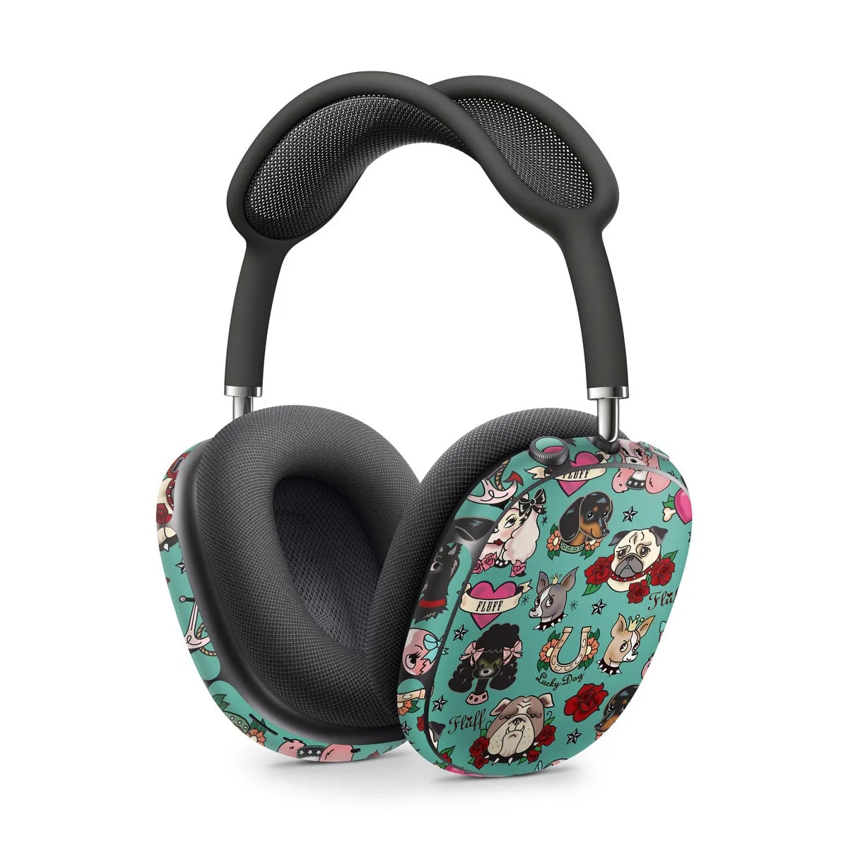 Tattoo Dogs skin for Apple AirPods Max featuring colorful dog illustrations on a teal background.