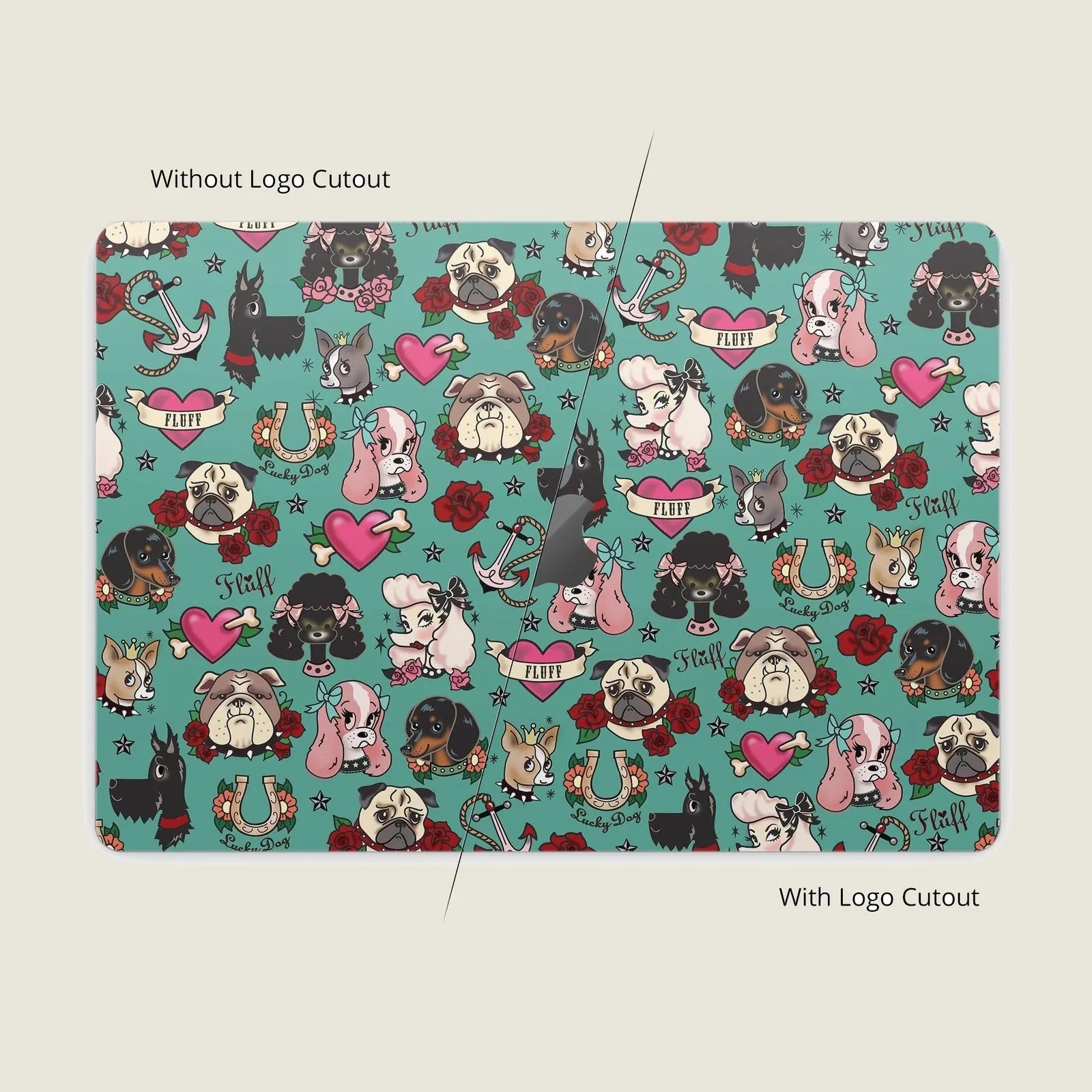 Colorful Tattoo Dogs MacBook skin featuring various dog designs, hearts, and roses, shown with and without logo cutout.