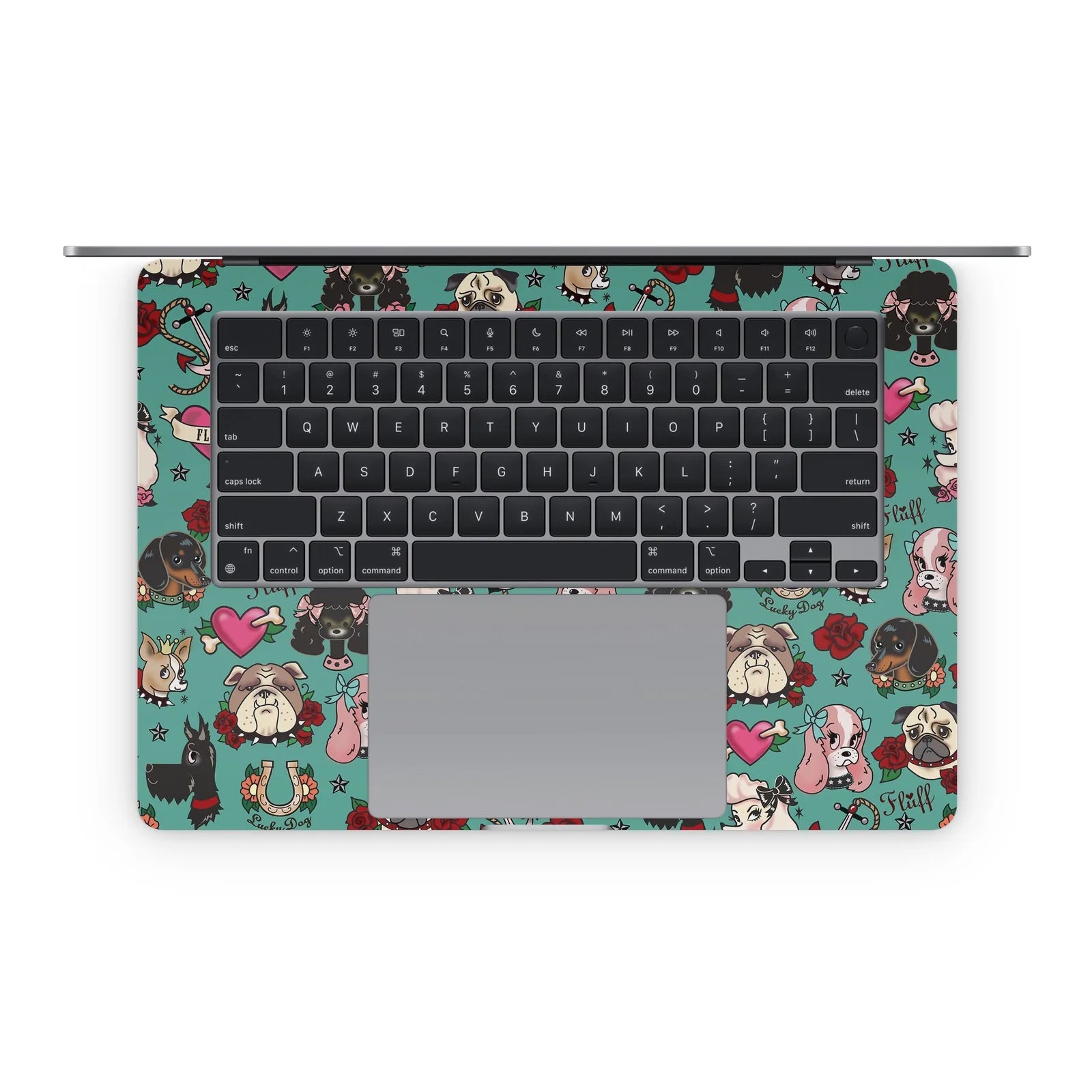 Colorful dog tattoo designs cover a teal MacBook skin, showcasing playful graphics and a satin finish.