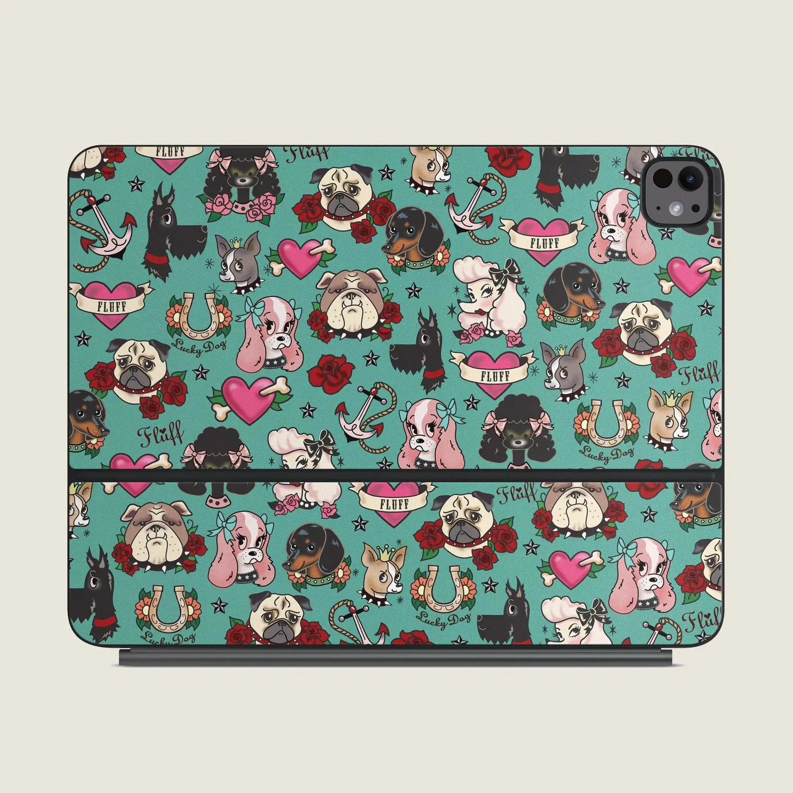 Colorful design of cartoon dogs with hearts and roses on a teal background, tailored for the Apple Magic Keyboard.