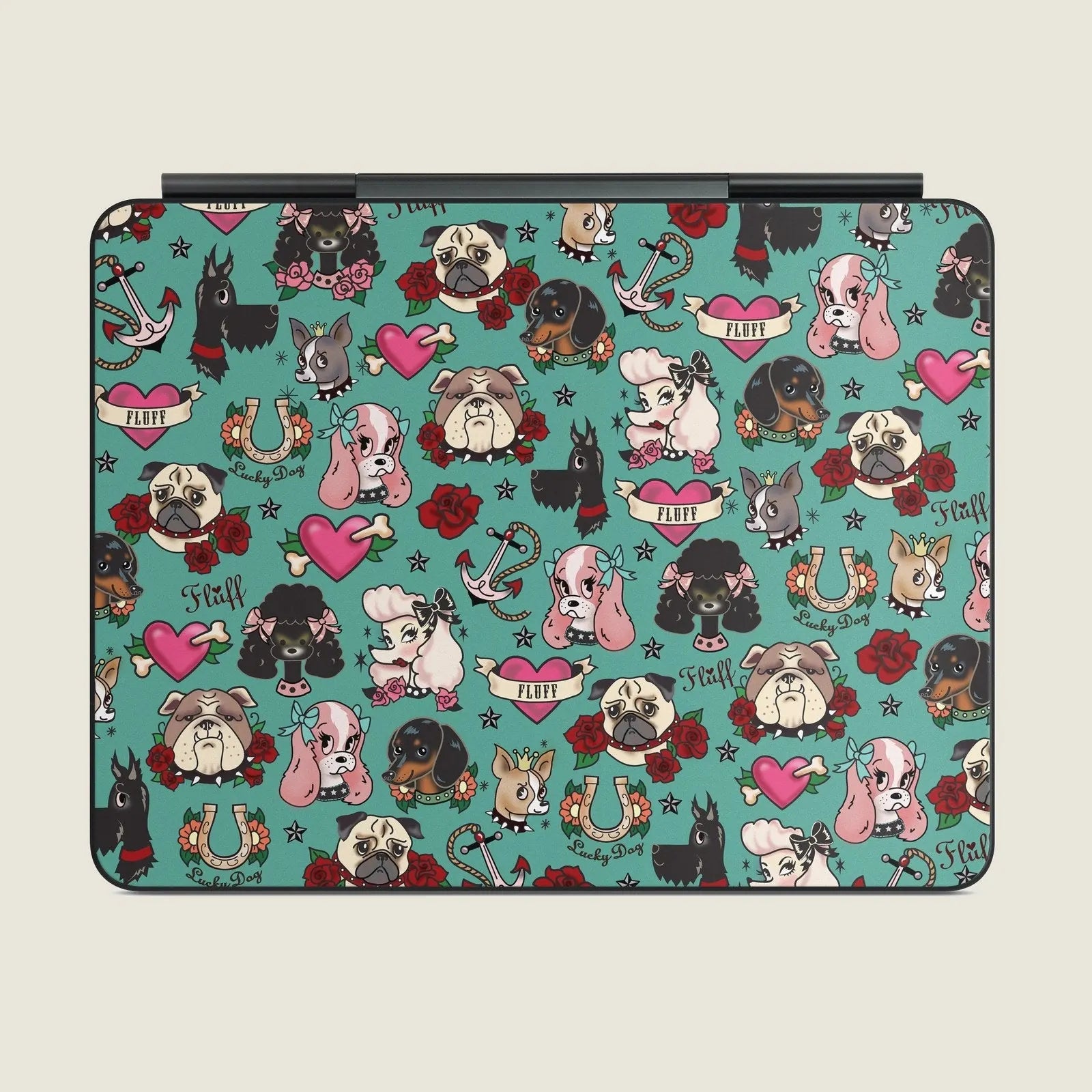 Colorful design featuring various dog illustrations, roses, and anchors on a teal background for iPad Magic Keyboard skin.