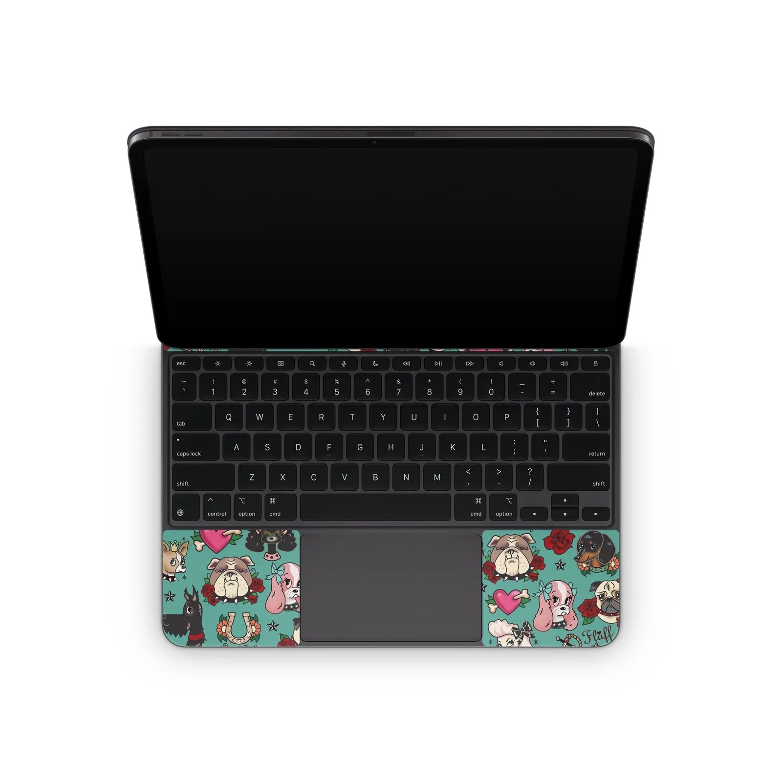 Colorful tattoo-style dog illustrations on a teal skin for Apple Magic Keyboard, protecting against scratches.