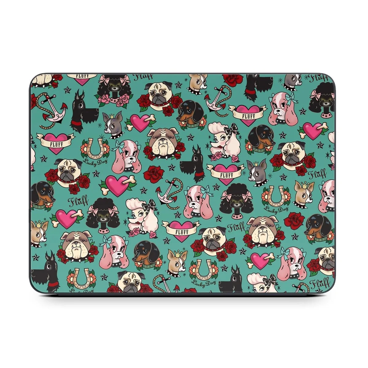 Tattoo dog design on teal background, featuring various breeds, roses, hearts, and anchors, for iPad Smart Keyboard Folio.