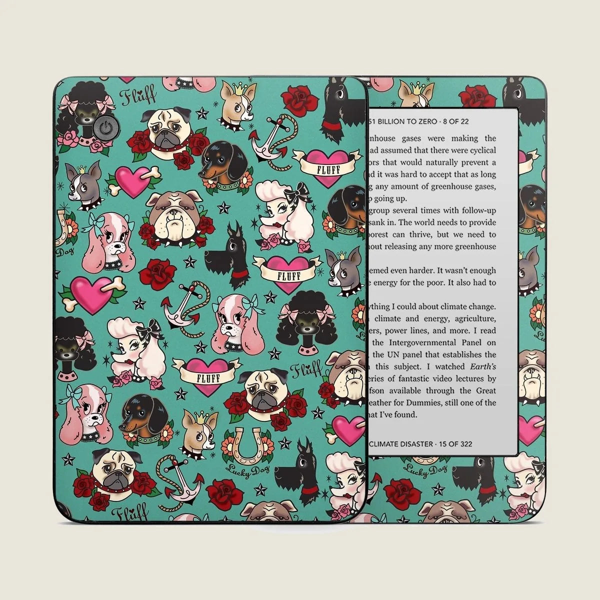 Tattoo Dogs skin featuring colorful dog tattoo designs on a turquoise background for Kobo Clara 2E.