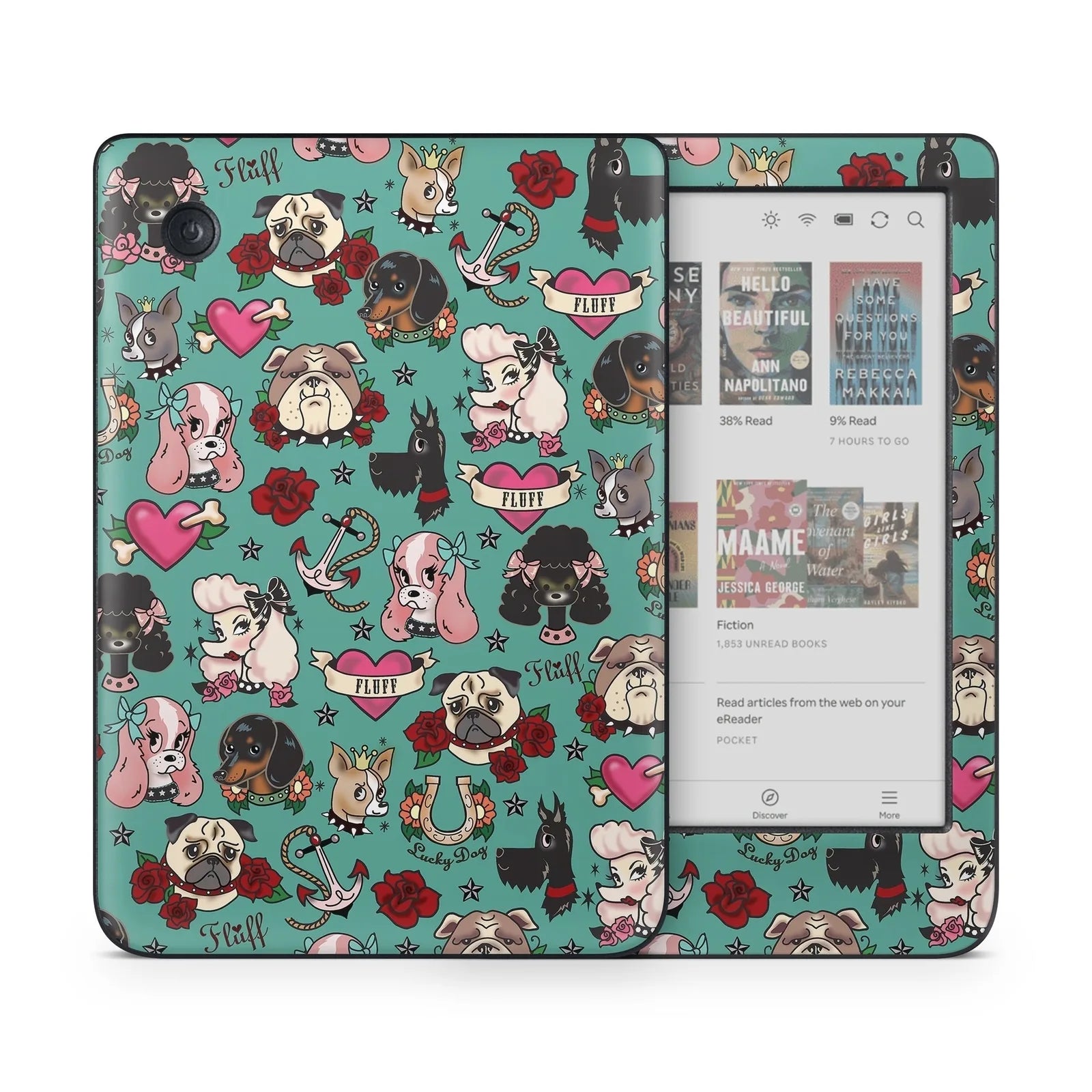 Colorful tattoo dog design skin for Kobo Clara Colour tablet, featuring playful dogs, hearts, roses, and anchors.