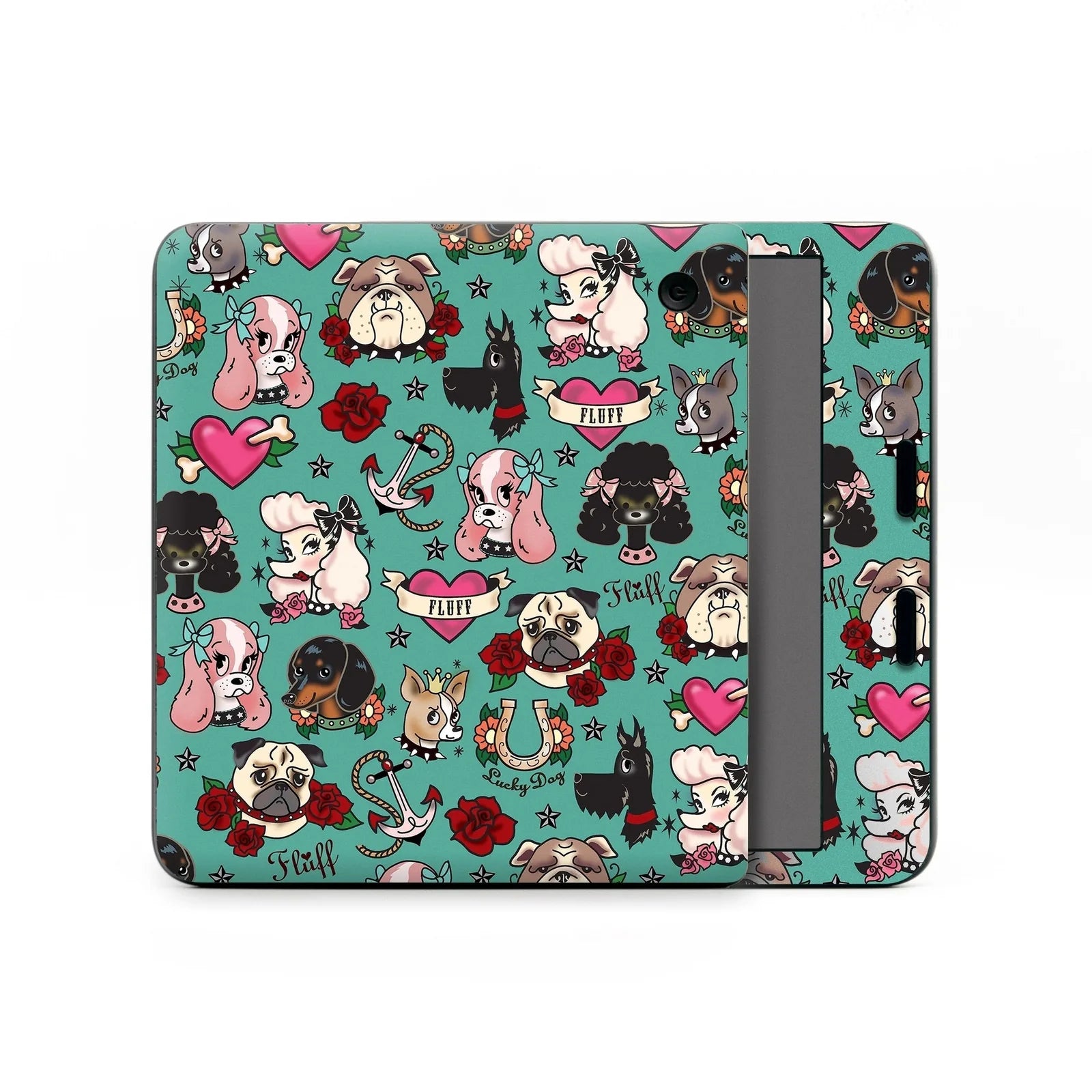 Colorful tattoo dog design featuring various dog breeds, hearts, and roses on a teal background for Kobo Libra Colour.