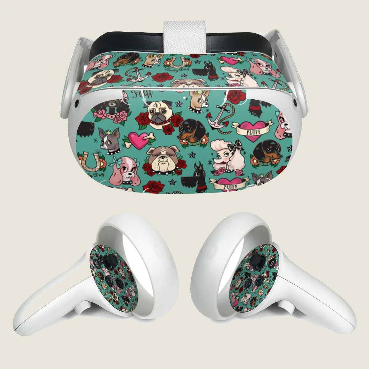 Colorful Tattoo Dogs skin decorates a Meta Quest 2 headset, featuring playful dog designs on a teal background.