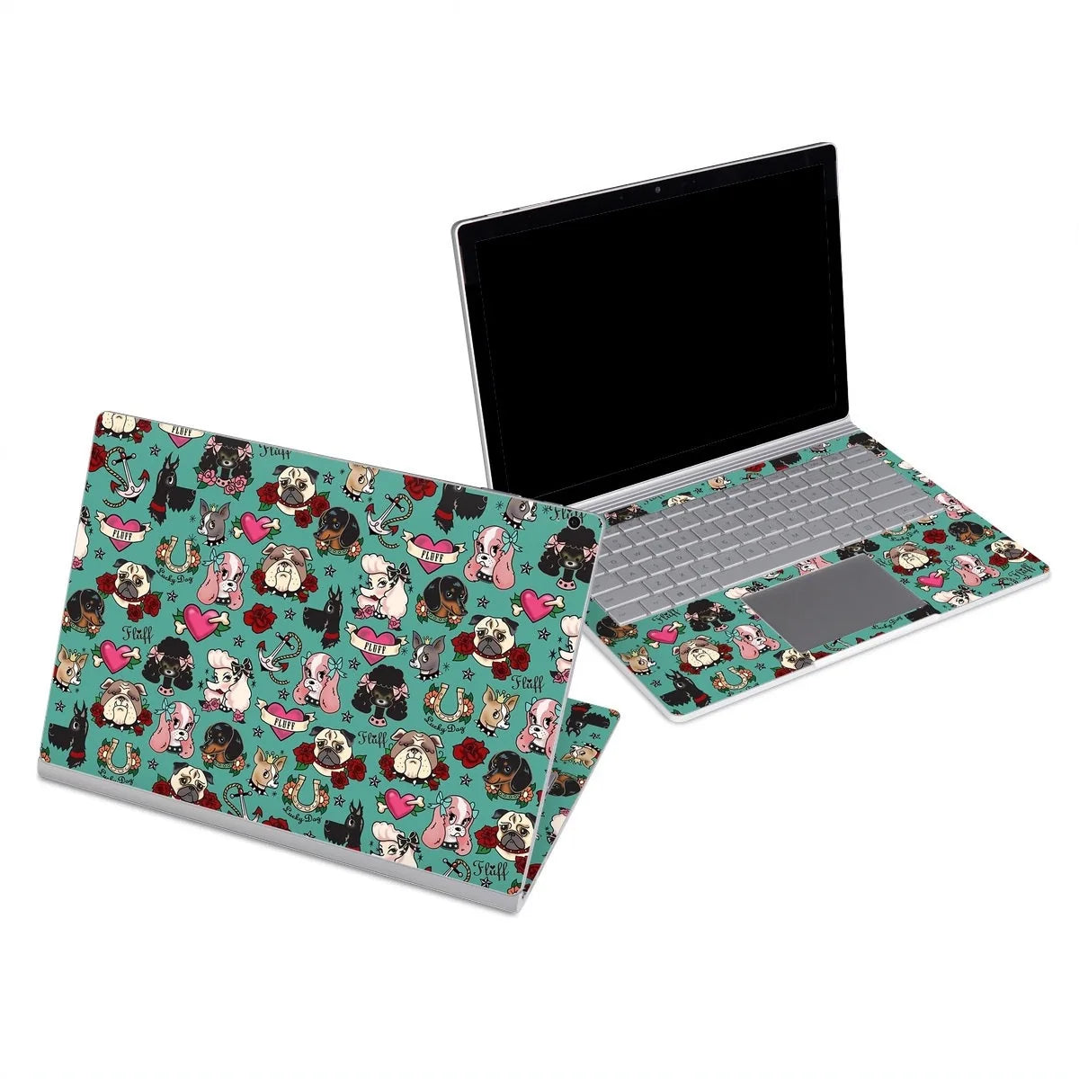 Colorful tattoo dog design skin for Microsoft Surface Book, featuring playful dog illustrations on a teal background.