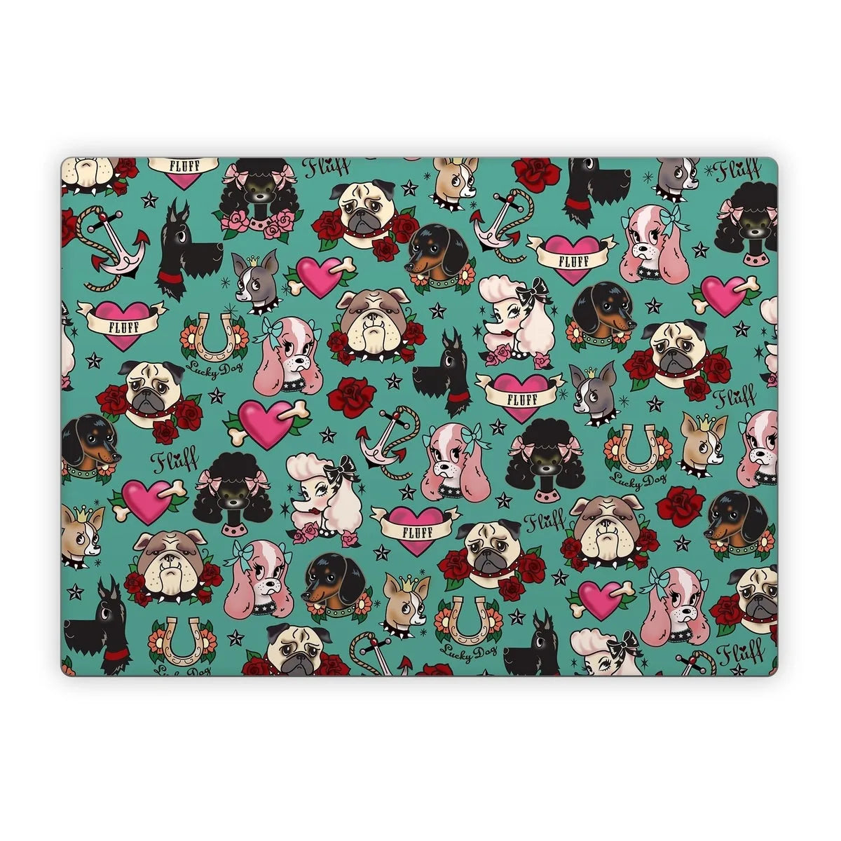 Tattoo Dogs laptop skin featuring colorful, playful dog illustrations, hearts, anchors, and roses on a teal background.