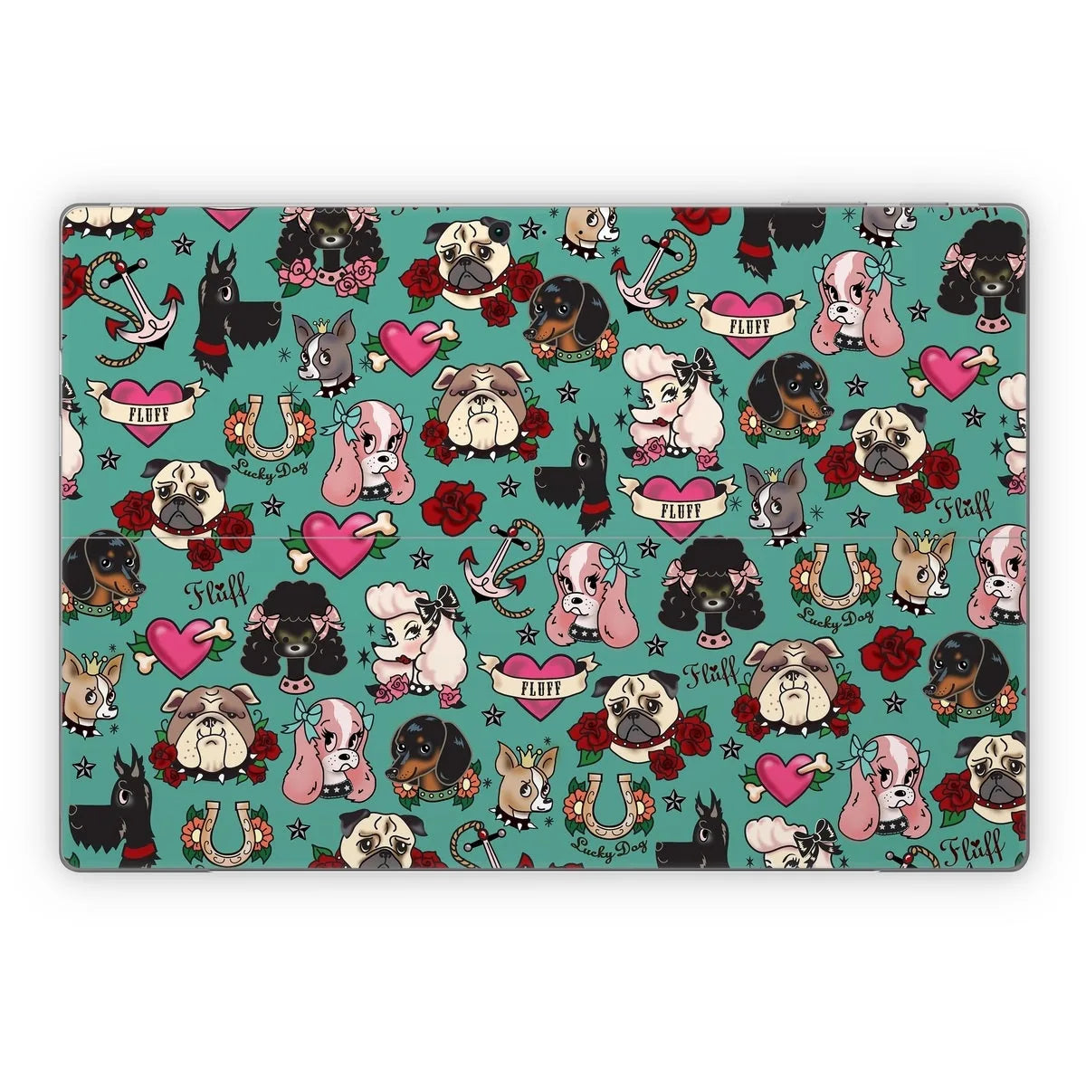 Colorful tattoo-style design featuring various dog breeds on a teal background, with hearts, roses, and anchors.