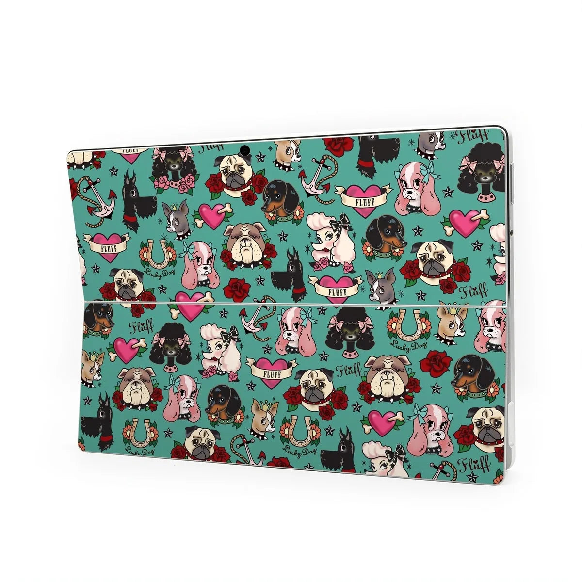 Colorful tattoo-style design featuring various dog breeds, hearts, and roses on a teal Microsoft Surface Pro skin.