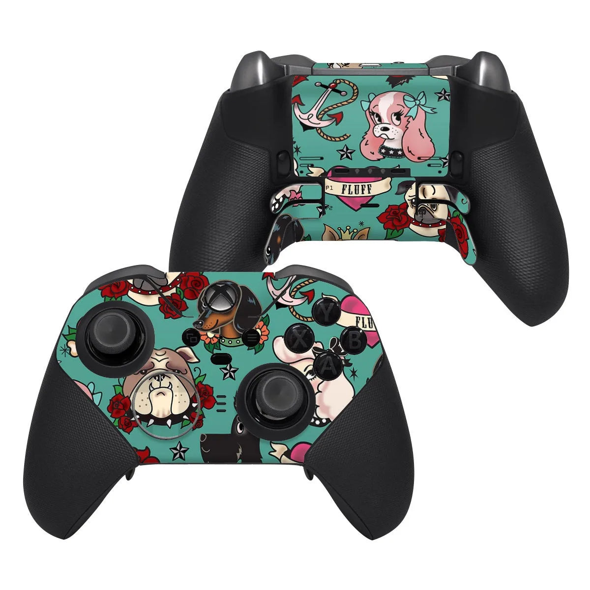 Tattoo Dogs skin for Xbox One Elite Controller 2, featuring colorful dog designs and a teal background.