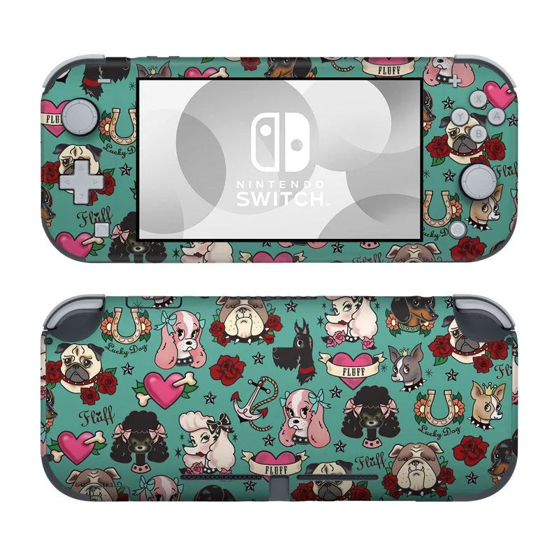 Nintendo Switch Lite skin featuring a colorful Tattoo Dogs design with various dog characters, hearts, and roses.