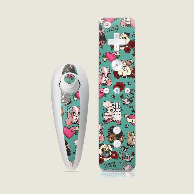 Colorful Nintendo Wii Nunchuk skin featuring playful tattoo-style dogs, hearts, and floral designs on a teal background.