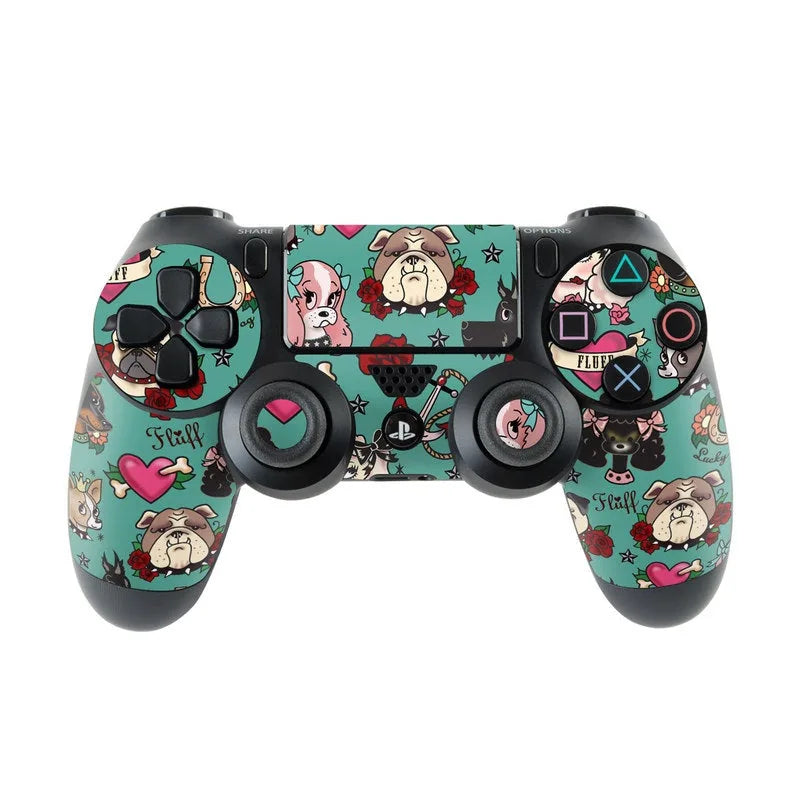 Custom tattoo dogs design skin for Sony PS4 controller in teal, featuring various dog illustrations and vibrant accents.