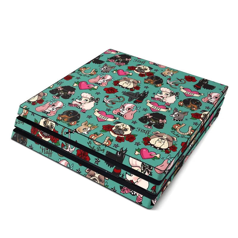 Colorful dog-themed skin for Sony PS4 Pro, featuring playful designs and patterns on a teal background.
