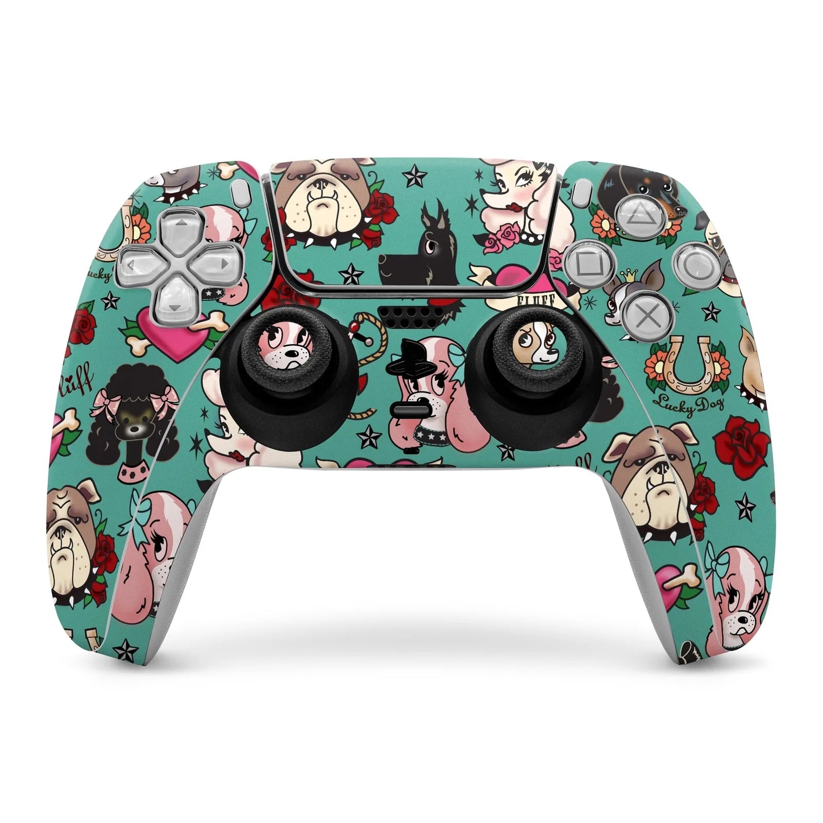 Tattoo-style dog artwork in vibrant colors covers a Sony PS5 controller skin, showcasing unique designs and patterns.