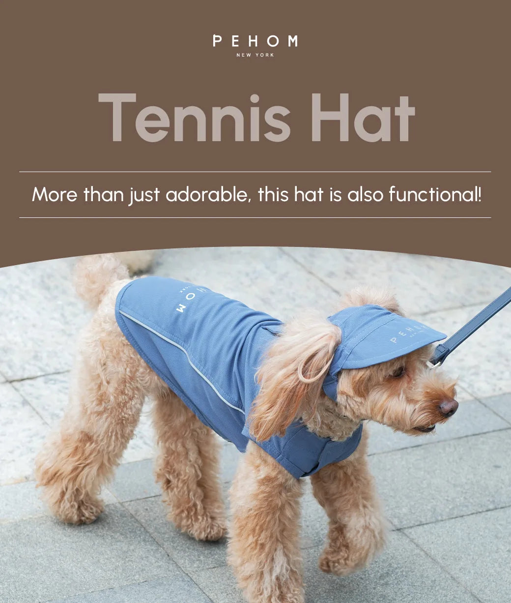 Light blue tennis hat on a fluffy dog, featuring a reflective logo and a snug chin strap for secure fit.