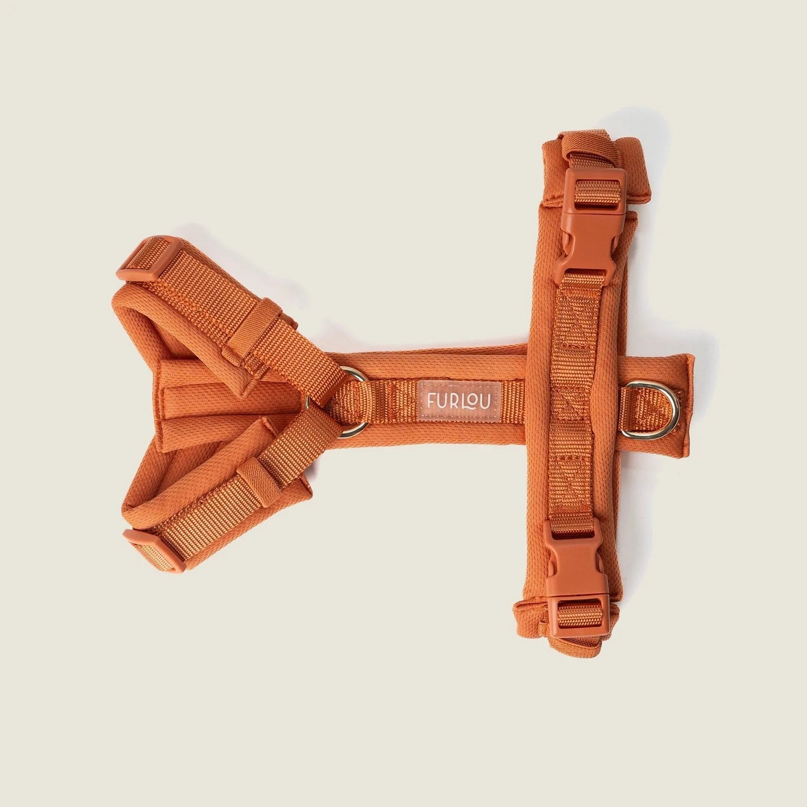 Terracotta Comfort Dog Harness featuring breathable padding, four adjustable points, and gold hardware by FURLOU.
