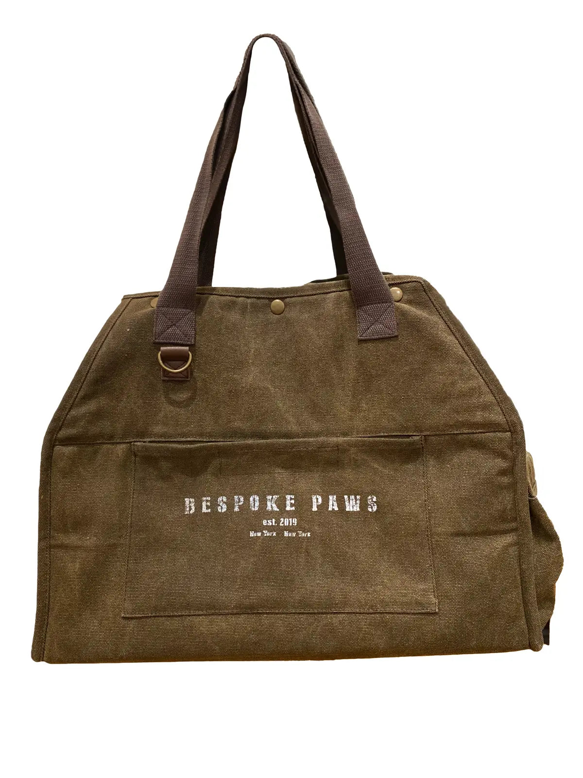 Stylish army green pet carrier made from recycled cotton canvas with vegan leather trim and logo detailing.