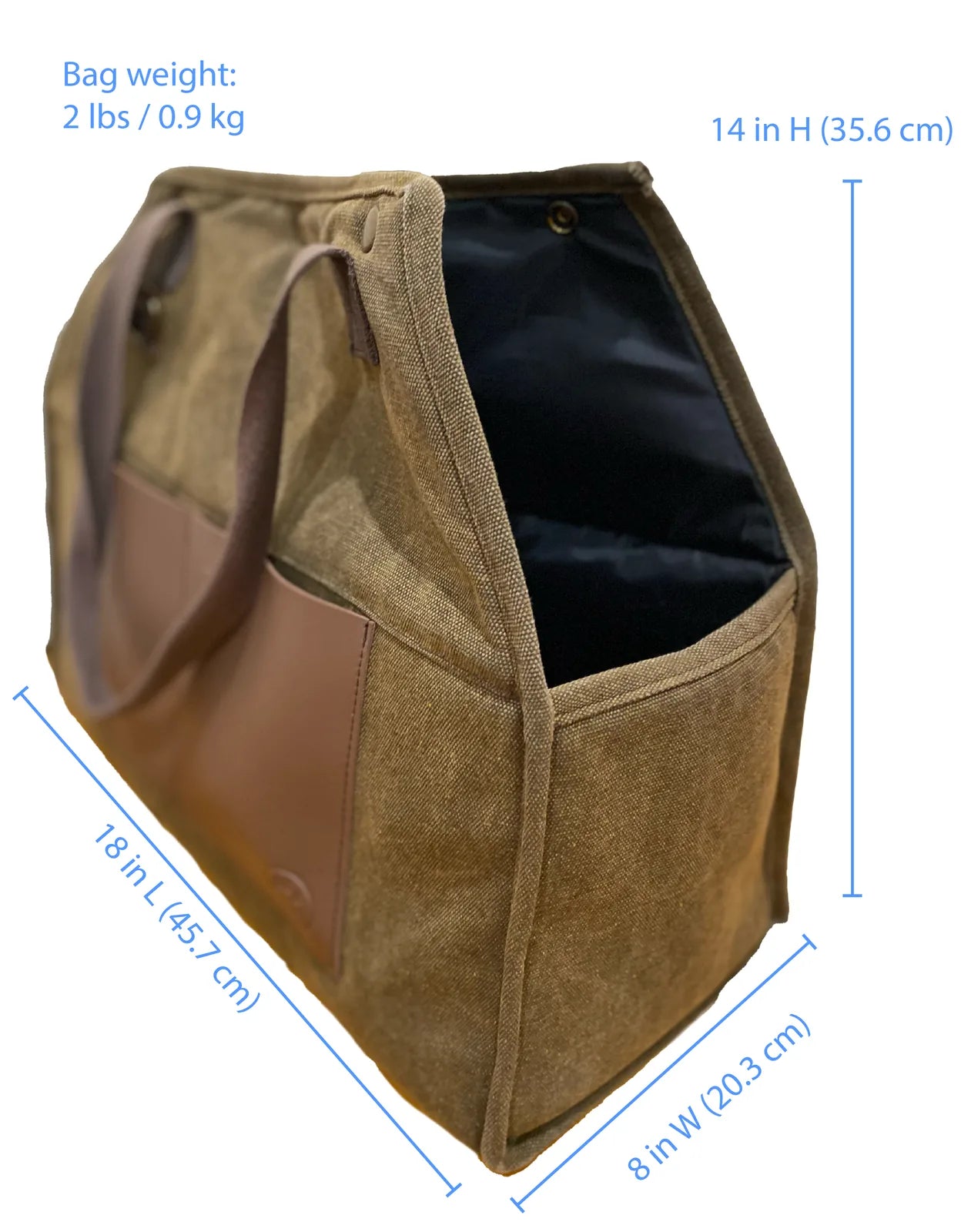 Stylish army green dog carrier made of recycled cotton canvas, featuring vegan leather trim and a spacious interior.