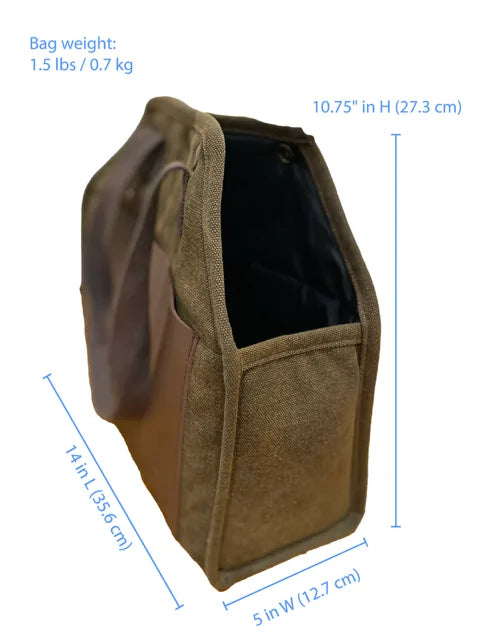 Stylish army green pet carrier made of recycled cotton canvas with vegan leather trim, designed for small to medium dogs.