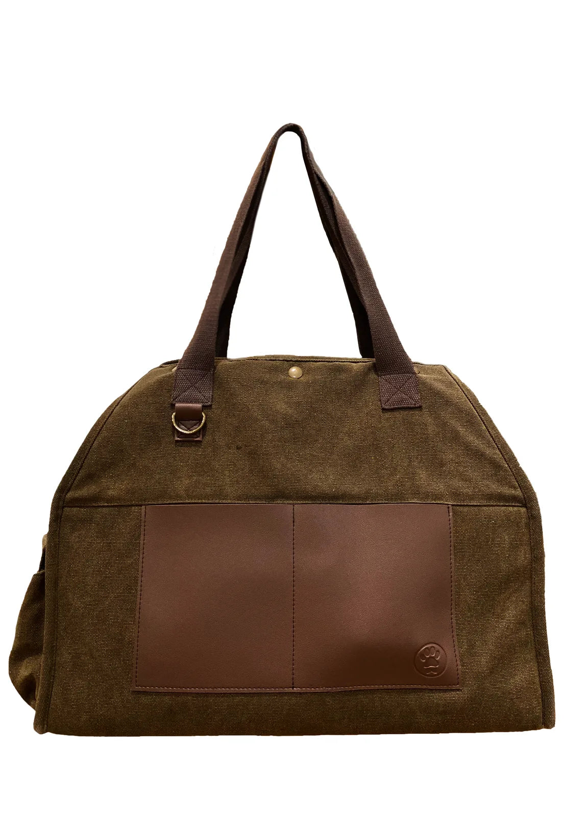 Army green pet carrier with brown vegan leather trim, featuring sturdy handles and a spacious design for dogs up to 30 lbs.