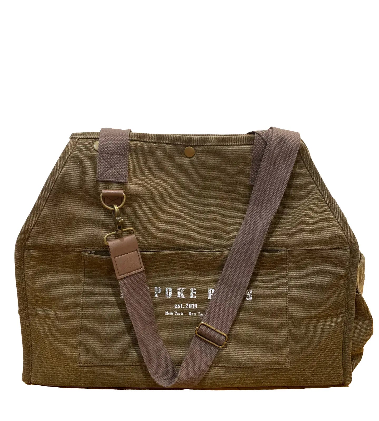 Stylish army green pet carrier made from recycled cotton canvas with vegan leather trim and sturdy straps.