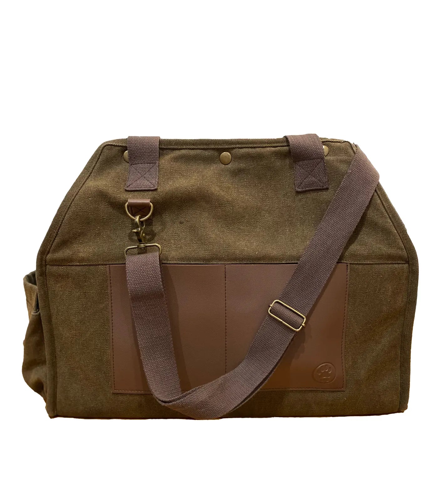 Stylish army green pet carrier with vegan leather trim and adjustable strap, perfect for on-the-go pet owners.