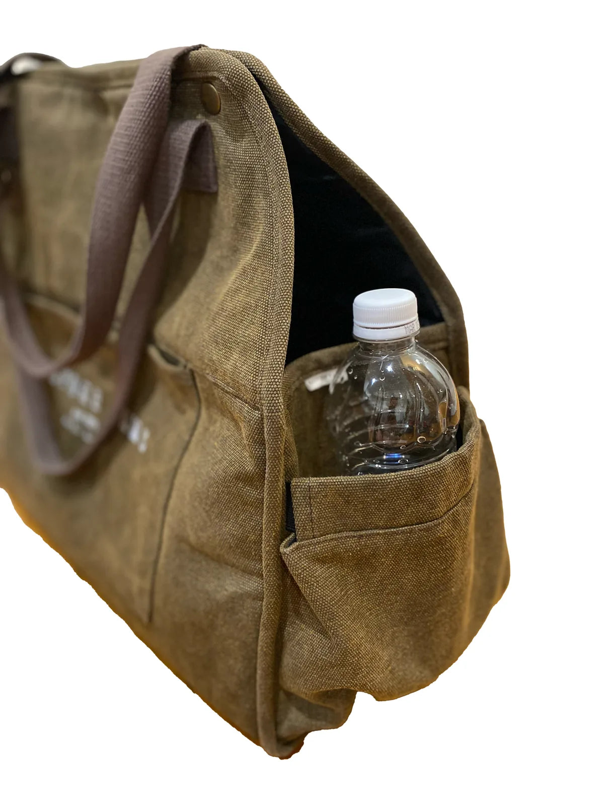Packable army green carrier with vegan leather trim, featuring a side pocket holding a water bottle.